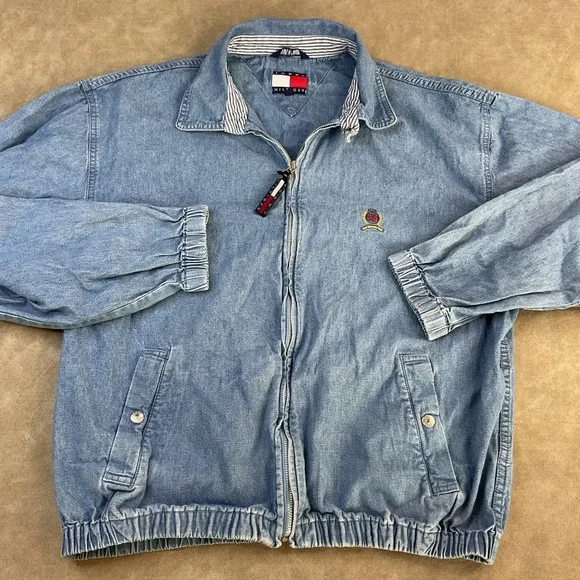 Vintage Tommy Hilfiger Denim Jacket Harrington 90s Crest Logo Full Zip Men‎ Sz L - Picture 2 of 11